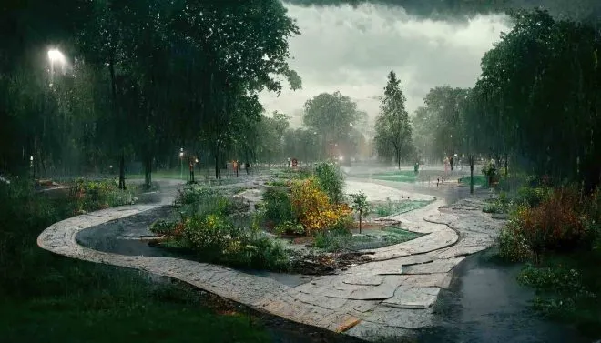 Rainy City Park With Lawn Bushes Trees Stone Path